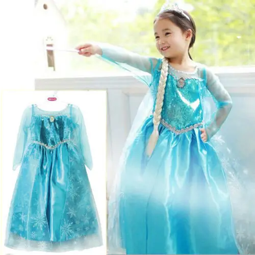 

Promotion High Quality Girls Princess Anna Elsa Cosplay Costume Kid's Party Dress SZ 3-8Y