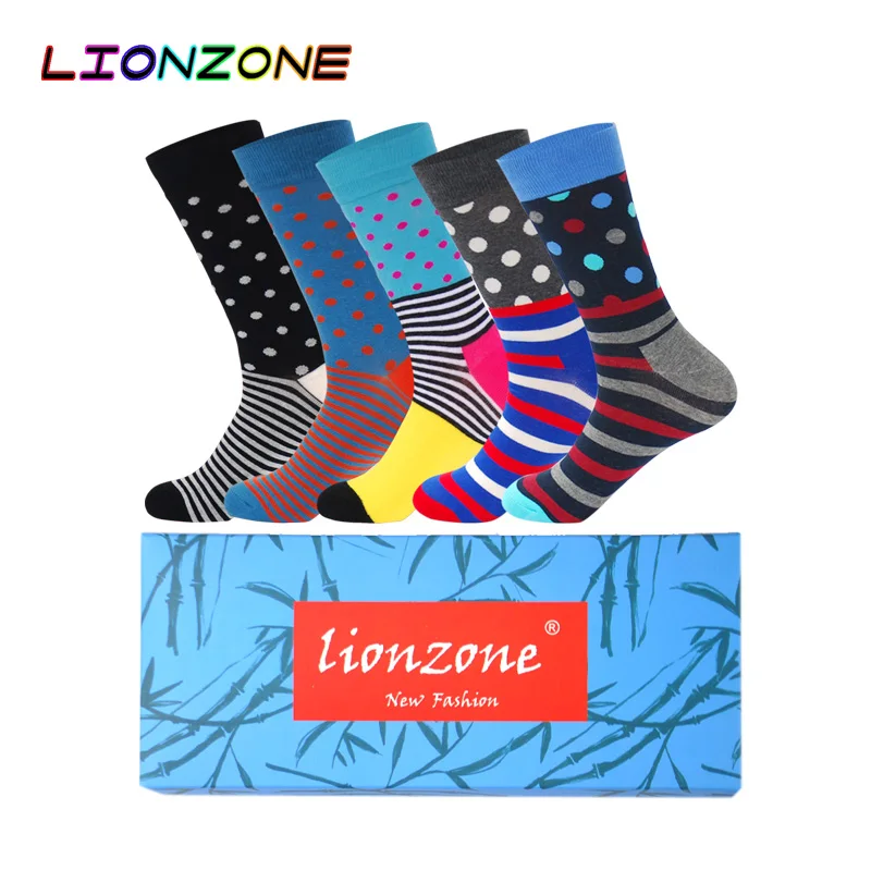 LIONZONE 5Pairs/Lot Colorful Point Fashion Men Socks Women Stripe Korea