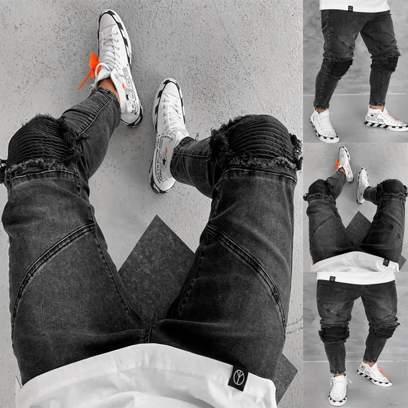 Online 2019 del Mens di Modo Nero Jeans Streetwear Distressed Denim Pantaloni di Cotone Dell annata di HipHop Pantaloni Dei Jeans di HipHop
