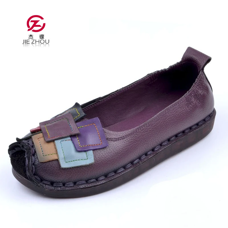 

2019 Fashion Casual Shoes Woman Genuine Leather Flats Retro Mixed Colors Soft Bottom Loafers Handmade Women Shoes
