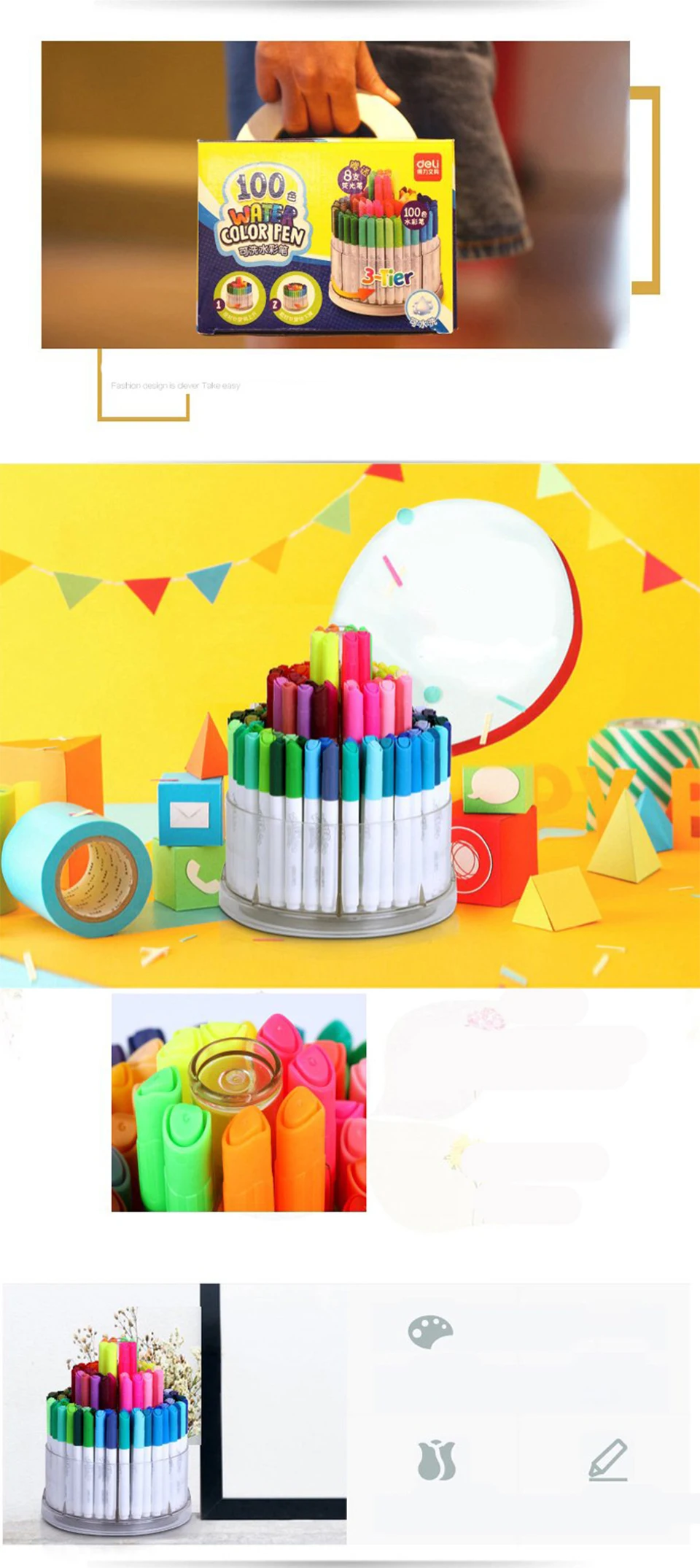 Conjunto de Cores Deli Aquarela Caneta Crianças Lavável Cor Escola Primária Arte Multicolorido Pintura Pincel Desenho Canetas 100 4 crianças lavável cor caneta escola primária arte