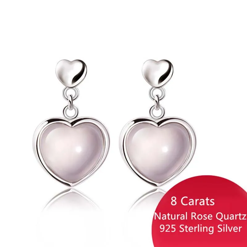 

8ct Natural Rose Quartz Stud Earrings 925 Sterling Silver Fashion Love Cute Heart Crystal Women's Girl Jewelry Birthstone Gift