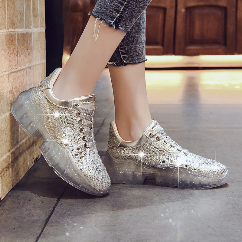 

Dropshipping Silver Crystal Vulcanize Shoes Woman Rhinestone Transparent PVC Platform Women Breathable Casual Shoes XXZ79