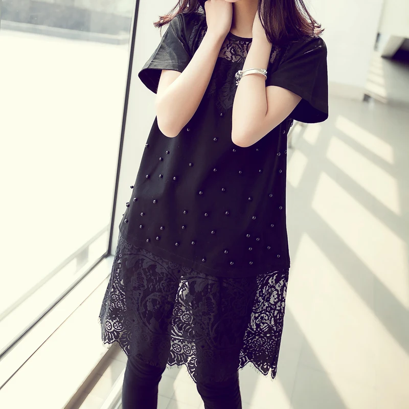 

Summer New 2019 Women Round Neck Lace Stitching Dress Plus Size Casual Loose Short Sleeve Hollow Out Dress White Black Vestidos