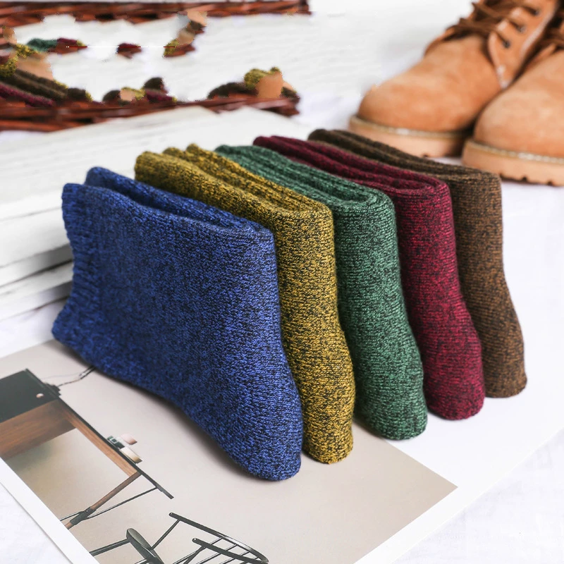 

Winter new men's thick warm high quality pure cotton socks high elasticity solid color wool casual socks