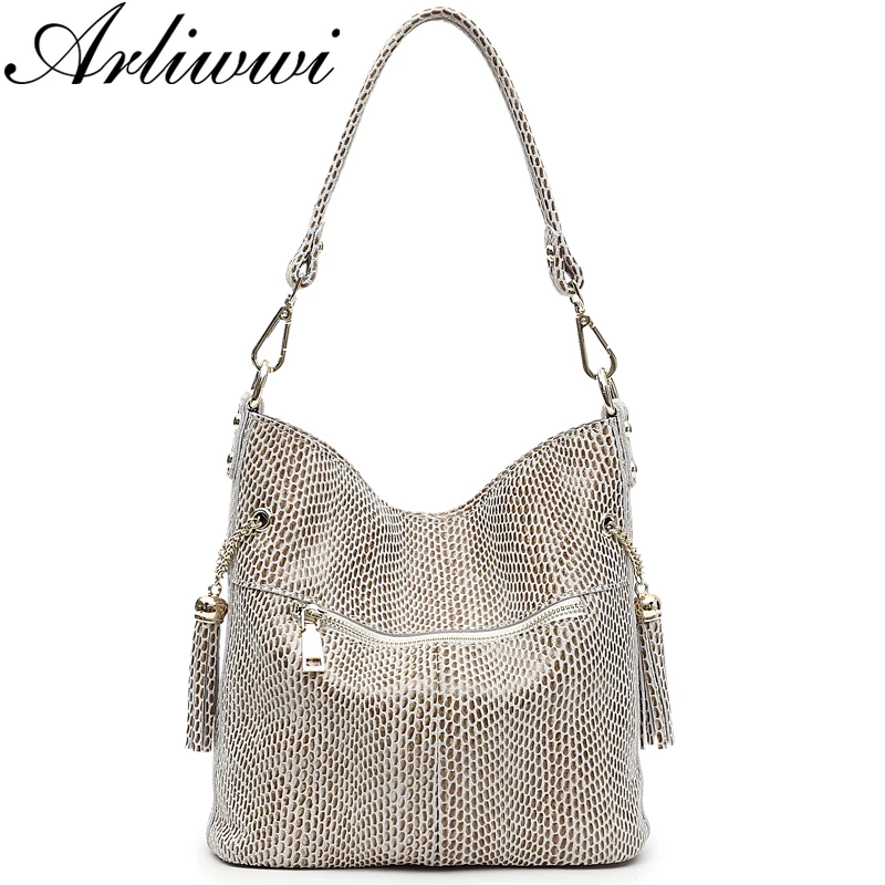 Arliwwi Brand Designer New Real Leather Shiny Snake Pattern Embossed Female Shoulder Bags High Quality Women Everyday Handbags