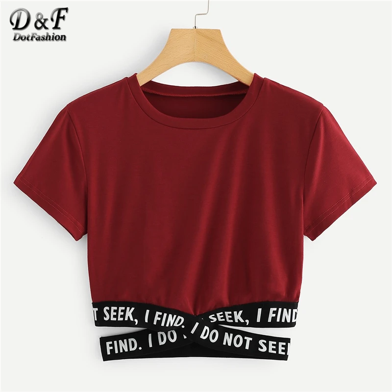 Dotfashion Contrast Slogan Criss Cross Waist Tee 2019 Summer Round Neck Short Sleeve Top Women Asymmetrical T Shirt