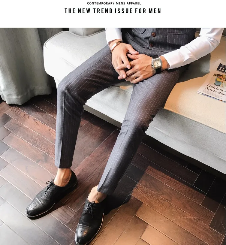 Формальные Брюки для Для мужчин Stripe Slim Fit костюм Бизнес свадебные Брюки Модный прямой Повседневное высокое качество Для мужчин s Брюки A5570