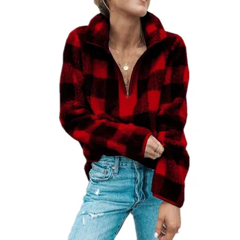

Autumn Winter 2019 Plaid Zipper Sweatshirt Women's Faux Fleece Fur Casual Pullover Fashion Turtleneck Long Sleeve Plush Hoodies