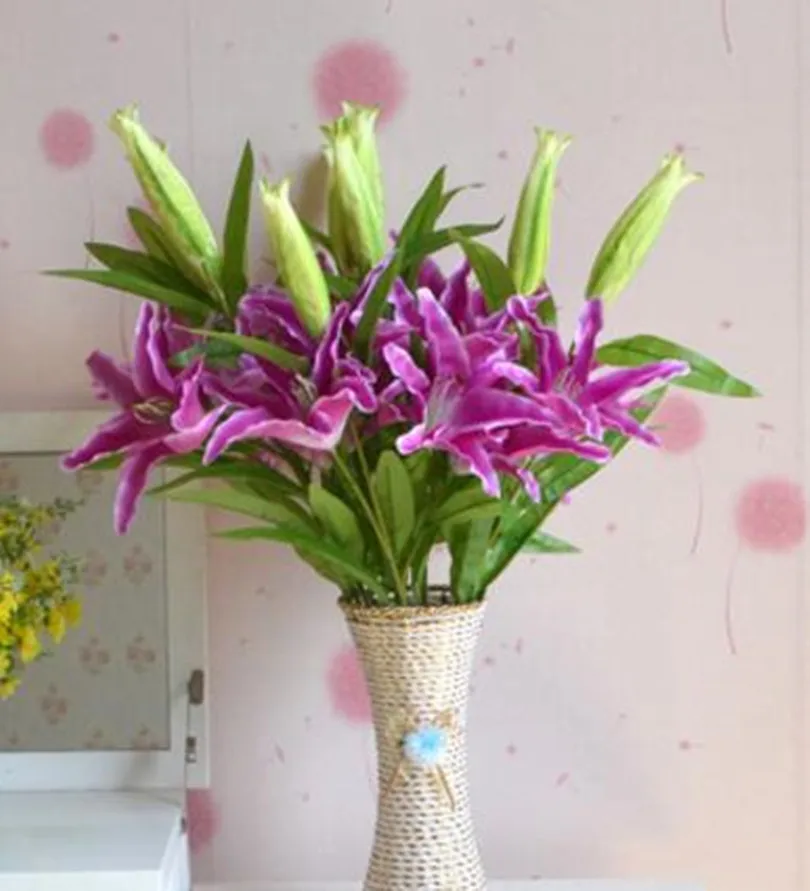 

10Pcs Artificial Lily Flower Lilies two heads & one Bud Floor Mounted Plastics Flowers for Wedding Home Foral Decoration