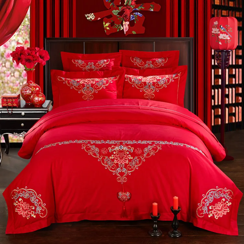 100 Cotton Classical flowers Luxury Wedding Bedding Set Embroidery