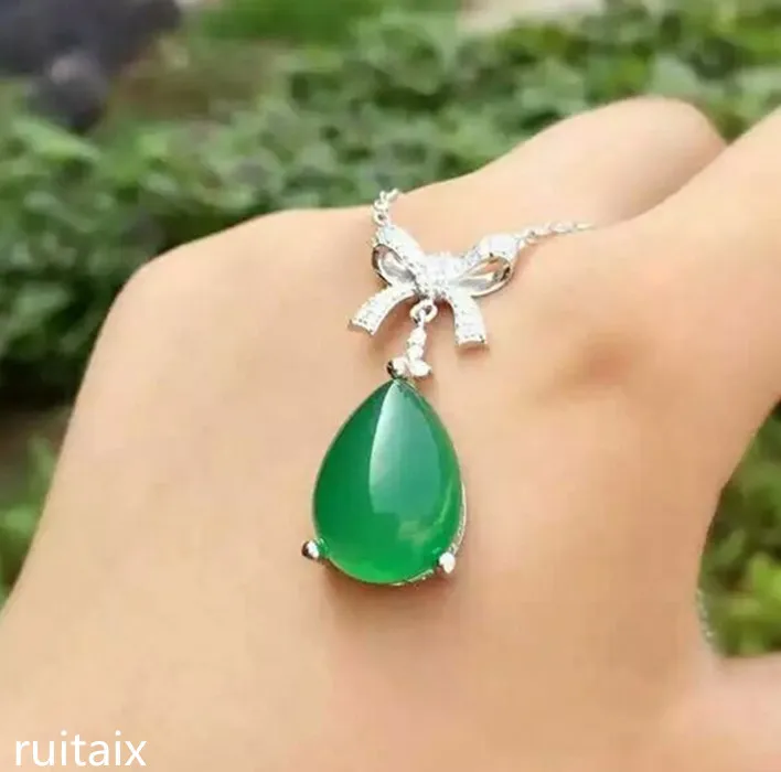 

KJJEAXCMY boutique jewels S925 Pure silver natural green jade medulla pendant + necklace inlay jewelry water drop bow curve wild