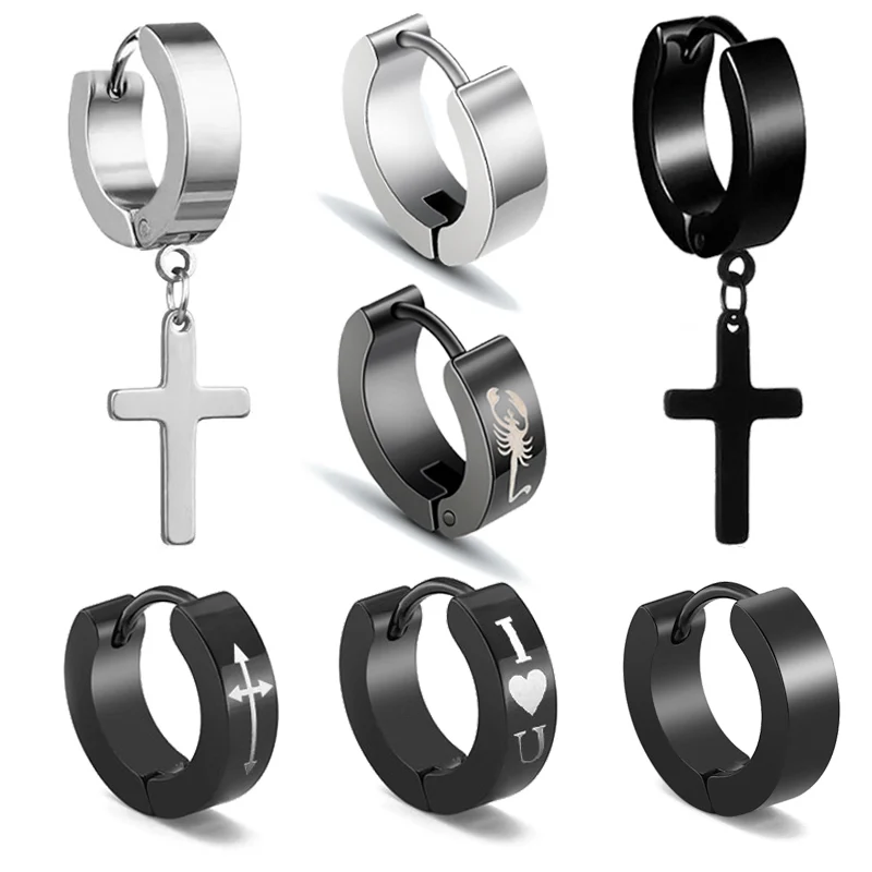 

Fashion Smooth Delicate Punk Circle Small Hoop Earrings Cross Pendant for Girls Men Ear Clips Black Jewelry Women Gifts