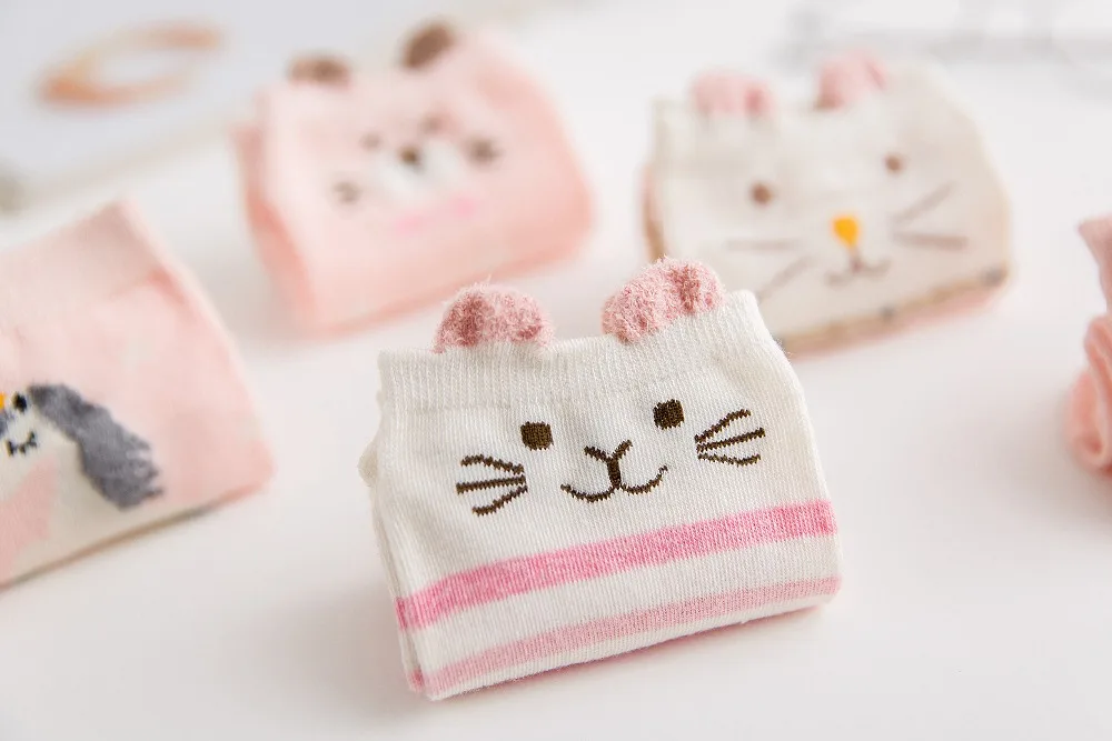 

5 pairs/Lot Colors Cotton Women 2018 Fashionable Funny Japanese Cute Cartoon Stereo Ears Casual Short Boat Socks