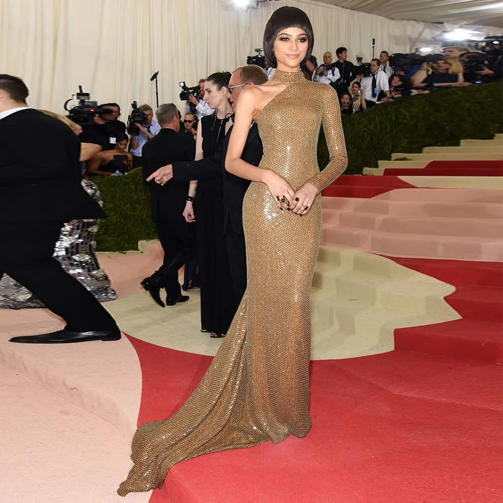 

Stunning One Shoulder Long Sleeve Celebrity Dresses Formal Evening Gown Mermaid High Neck Gold Sequins