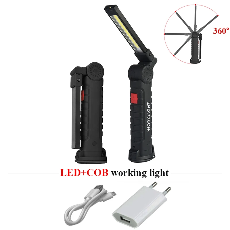 

USB Charging LED+COB Flashlight Magnet Work Check Lamp Emergency Light Lantern Lantern Built-in Battery 5 Mode Camping Outdoor