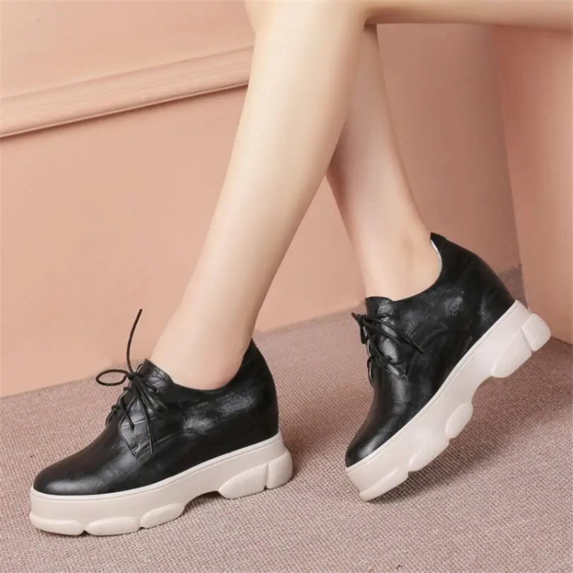 

NAYIDUYUN 2019 Women Lace Up Cow Leather Punk Riding Boots Round Toe Party Platform Pumps Shoes Hidden Wedge Casual Shoes