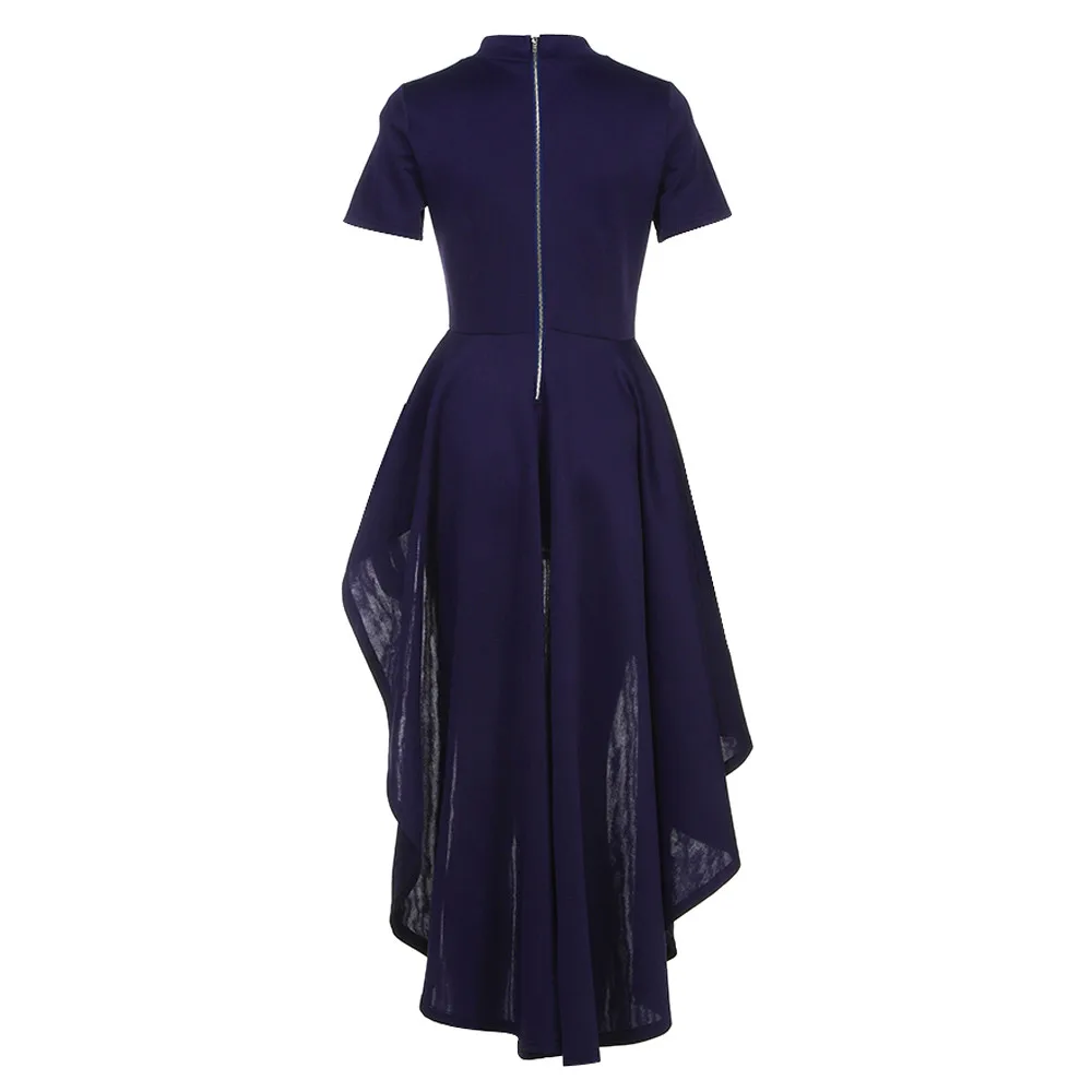 Платье размера плюс с коротким рукавом женское Элегантное летнее асимметричное платье с коротким рукавом платье с высокой низкой баской облегающие вечерние Клубные платья - Цвет: Dark Blue