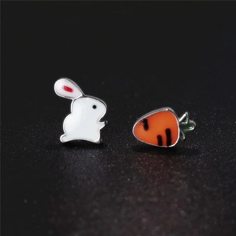 rabbit carrot drop glaze asymmetric earring 100% 925 Sterling silver Jewelry fashion Hypoallergenic Stud earrings women gift