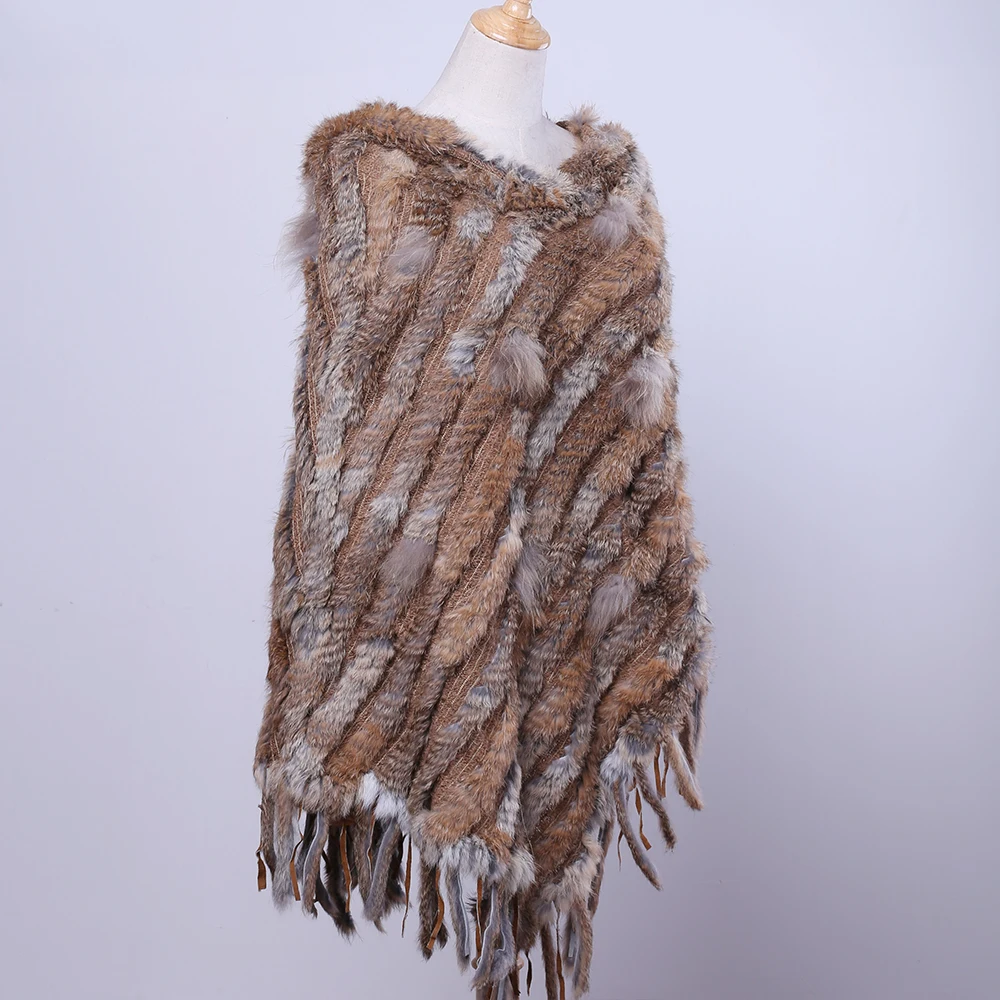 Classical Women's Genuine Rabbit Fur Poncho Fur Knit Cape Natural Fur