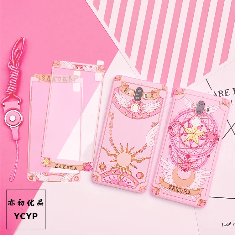 For Huawei mate 9 10 V10 case Cute Sakura star for p10 10plus soft silicone phone cover, tempered glass screen protector + strap