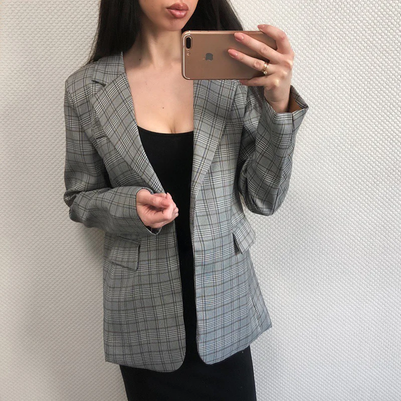 

Korean Work Jacket Women Gray Plaid Blazer Office Lady Jacket Fashion Notched Collar Elegant Work Blazers Feminino