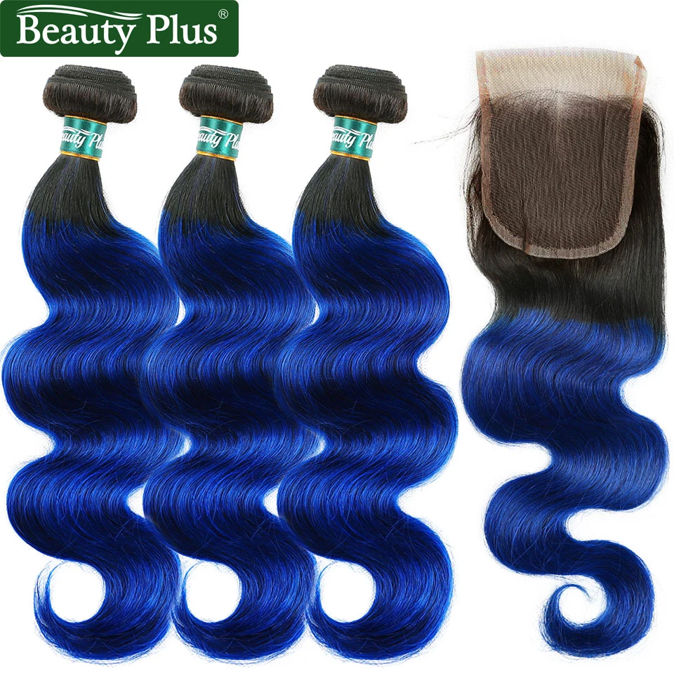 

Blue Bundles With Closure Body Wave Brazilian Hair Ombre Bundles With Closure 3Pcs With Closure Non-Remy Human Hair Beauty Plus