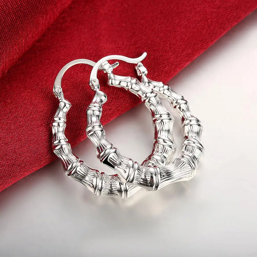 

3.6cm Hollow Bamboo Style Creole Big Hoop Earrings for women 925 stamp silver Prata Brinco Fashion Jewelry Accessories gifts