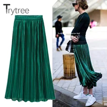 Trytree Primavera Verano Falda plisada para mujer Vintage falda de cintura alta faldas largas sólidas nueva moda Casual falda metálica femenina