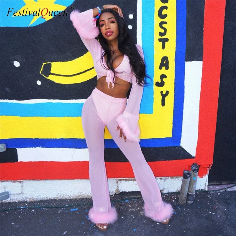 

Summer See Through Tracksuit 4 Piece Set Women Halter Bra Sexy Panty Long Sleeve Crop Top Fluffy Flare Pants 4 Piece Outfits