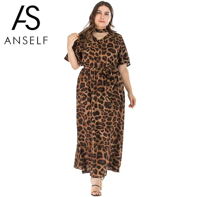 Women Plus Size Long Dress Leopard Print Choker V Neck Oversized Dresses Woman Party Night Half Sleeve Slim Sexy Maxi Dress 4XL