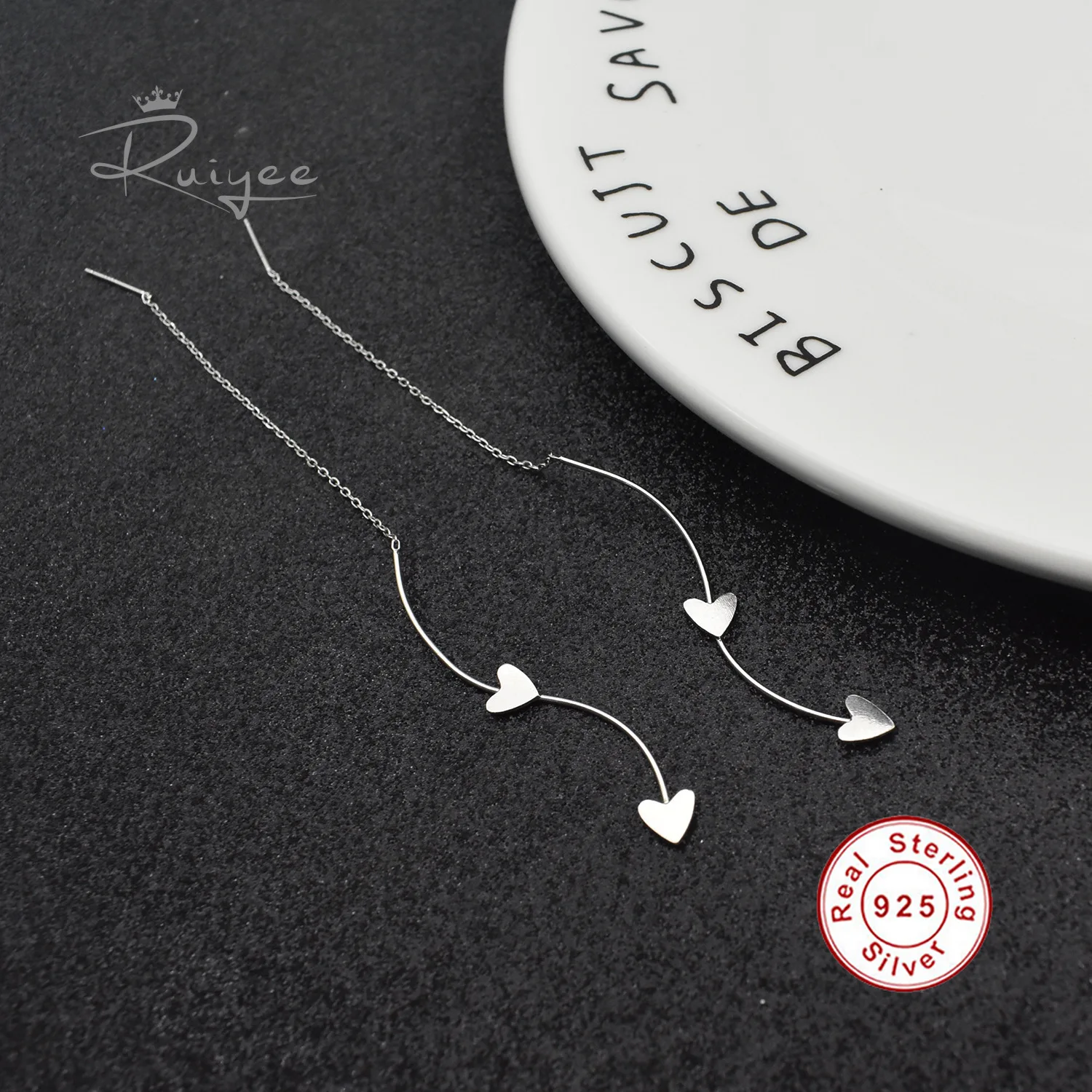 

RUIYEE 925 sterling silver love wave ear line ladies long section allergy temperament tassel earrings jewelry big earrings