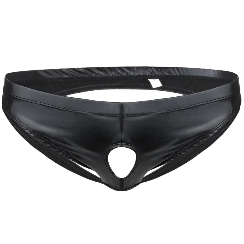 Mens Male Lingerie Sexy Mens Shiny Patent Leather Bikini Briefs Jockstrap Gay Open Butt Underwear with Sexy Holes