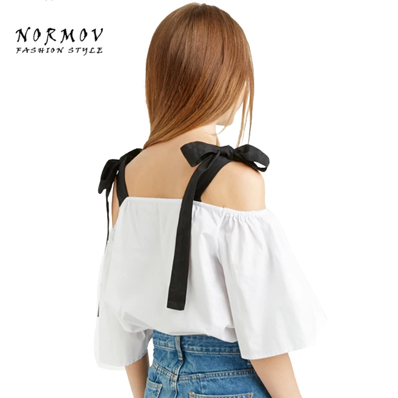 Normov M-XL 2017 القوس قميص قمم مثير الكتف معطلة كم قصير المرأة العصرية الملابس كبيرة الحجم تصميم سيدة القمم