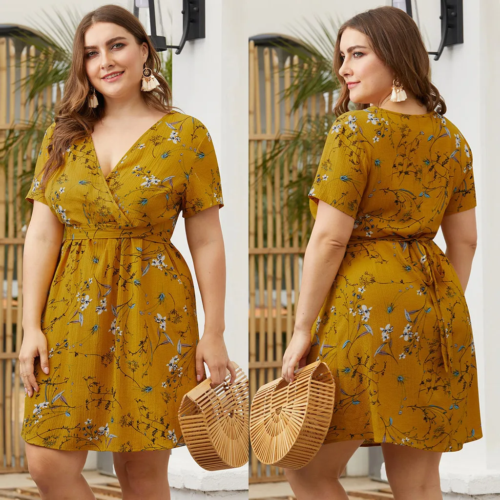 

4XL Plus Size Dress Summer Polka Floral Print Large Size Female Dresses Short Sleeve Warp Sexy Boho Vestido Robe Femme