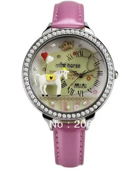 

MNS1018B MINI watch double layer glass 3D Horse watch DIY Handmade Genuine Leather Quartz Ladies watch 1pc+free shipping