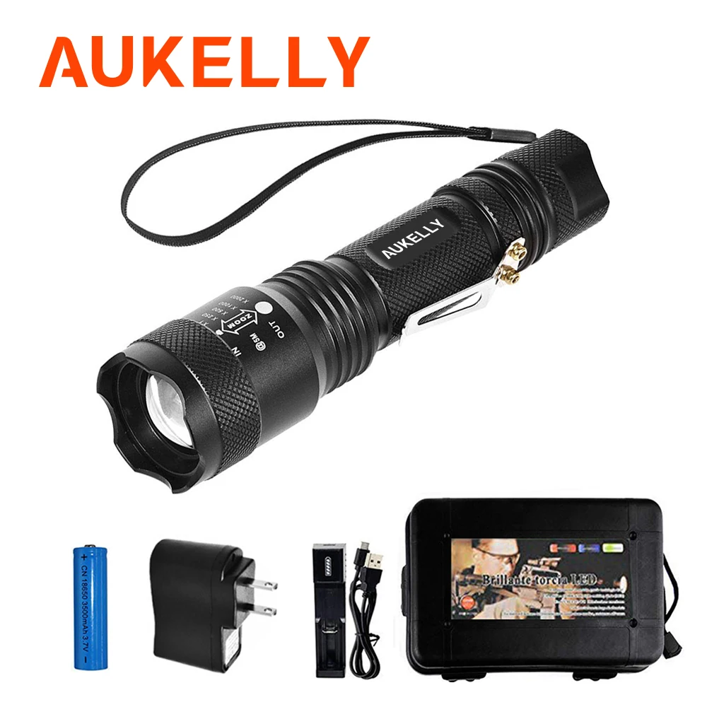 

Aukelly Led flashlight Ultra Bright Rechargeable linterna 5 Modes 6000LM Tactical Zoomable Emergency Camping Torch with clip