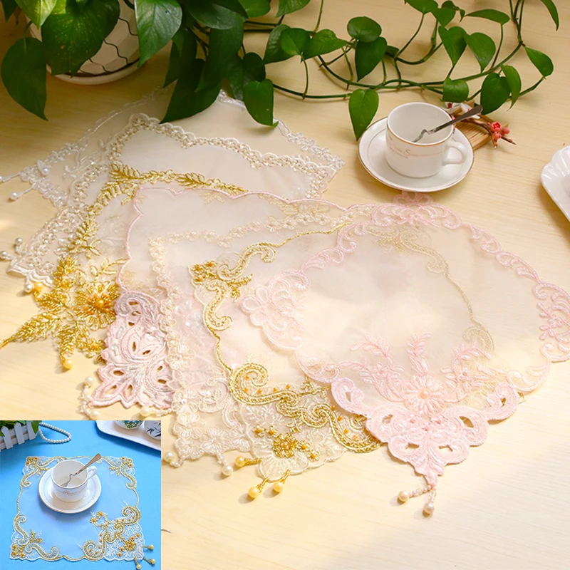 

New Embroidery Placemat Place Mats Tulle Sequin Lace Table Pad Dining Mat Cup Coaster Bead Placemats Kitchen Table Cover RE22