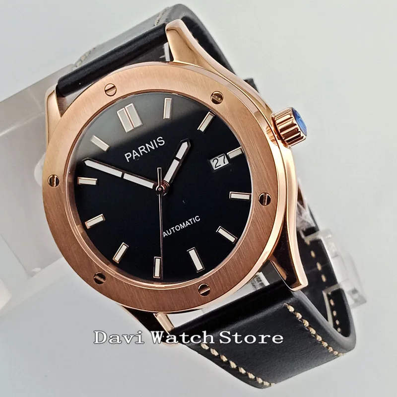 

43mm Black Dial Rose Gold Case Leather Band Parnis Mens Automatic watch 2735