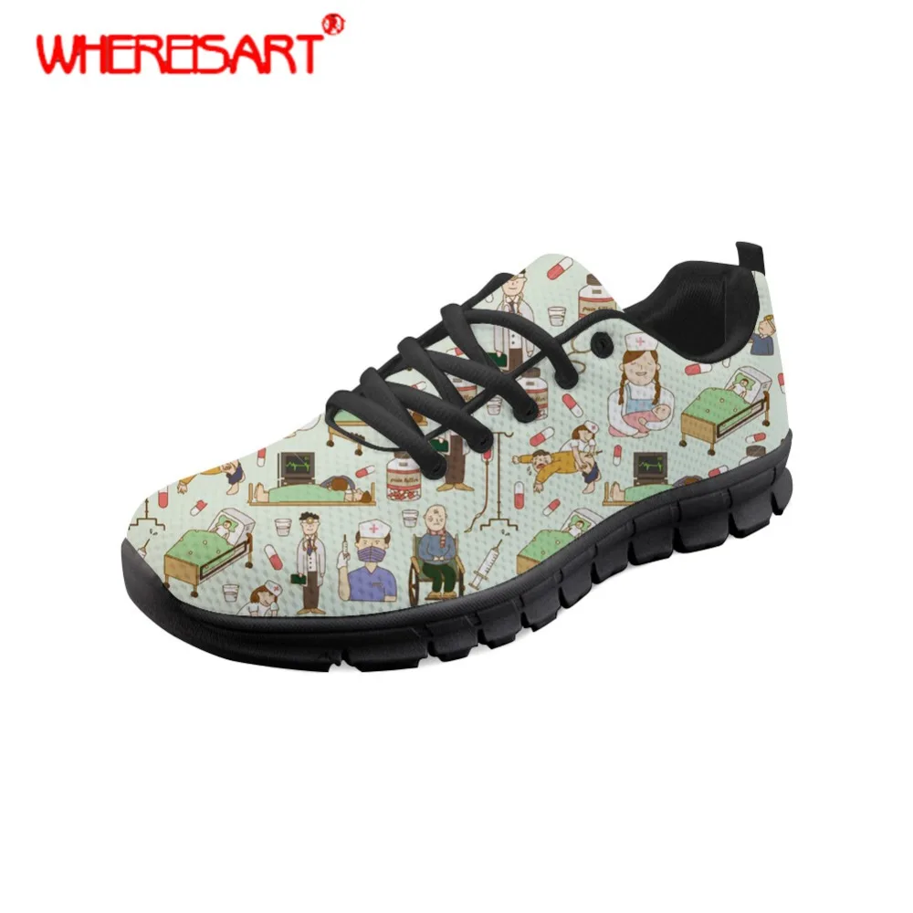 

WHEREISART Flat Shoes Women Nurse Pattern Sneakers Ladies Round Toe Flat Shoes for Females Lace-up Mesh Shoes Girls Spring Flats
