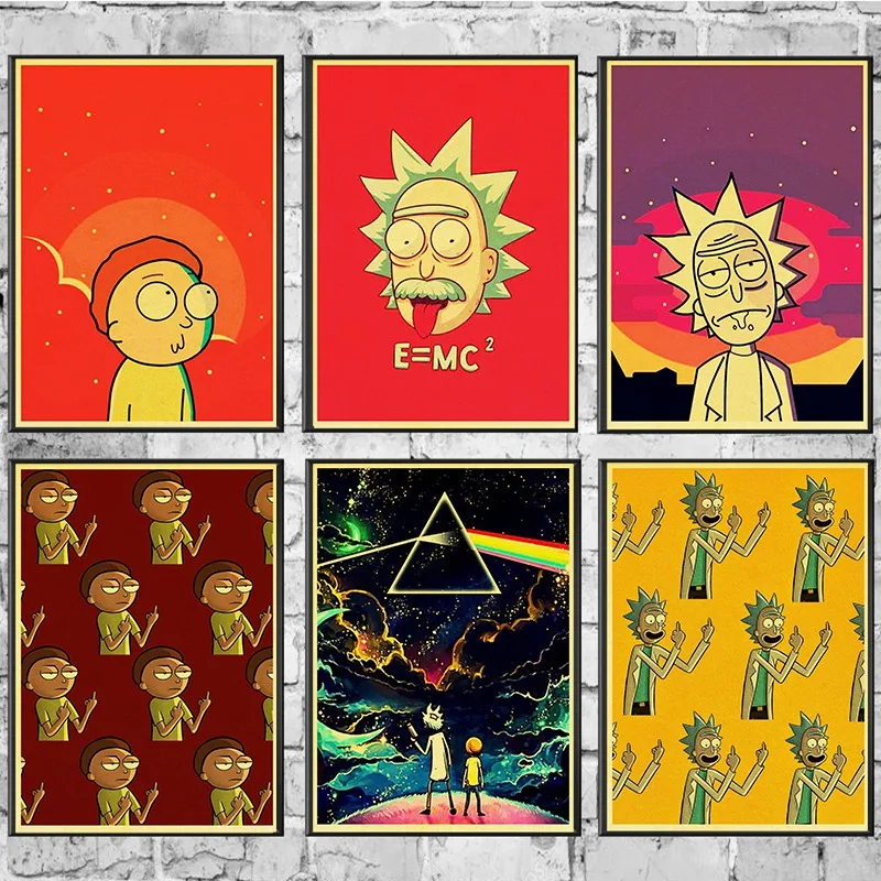 

Cartoon Vintage Wall Art Rick And Morty Posters Printed Painting Wall Pictures For Living Room Bedroom Kidsroom Wall sticker