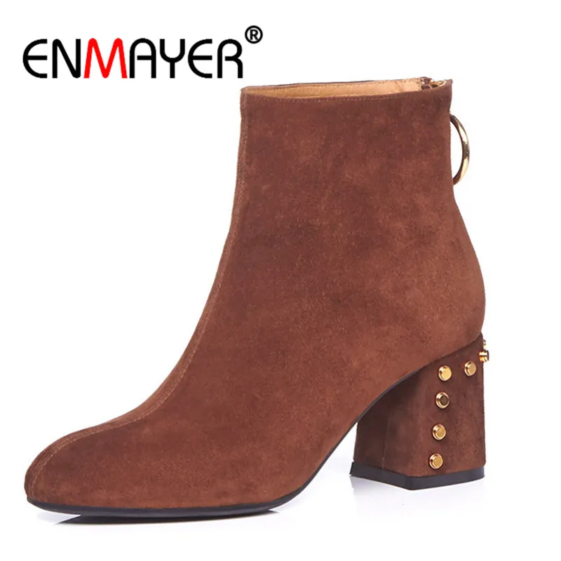 

ENMAYER Kid Suede Ankle Boots Female Pointed Toe Shoes Women Autumn Winter Big Size 34-42 Rivets Thick High Heels Boots CR622