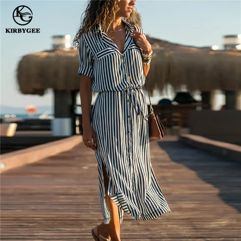 

KirbyGee Long Sleeve Black White Striped Dress Chiffon Big Size Belt Beach Tunic Dress Summer Women Vintage Button Maxi Dress