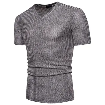 

LAAMEI Male Casual Business Striped Tops Tees T Shirt Men Plus Size 2018 Hot Summer Slim Fit Short Sleeve V Neck T-Shirt