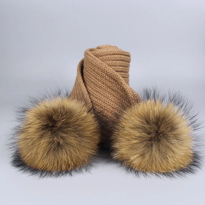 Scarf Khaki Г. Шапка с помпоном для девочек, теплые вязаные с помпоном из меха, шапка с помпоном и шарф, комплект, детская зимняя шапка с помпоном из натурального меха енота, Skullies - Цвет: Scarf Khaki