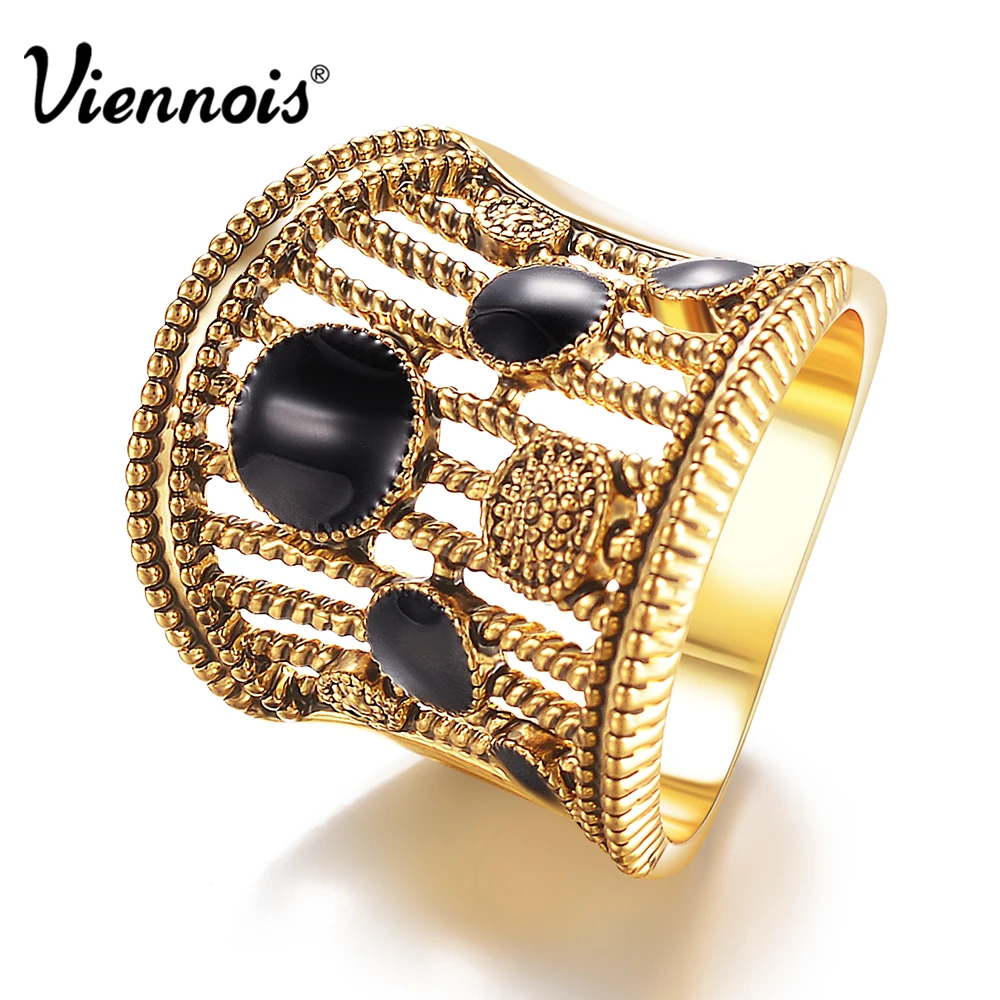 

Viennois Gold/Silver Color Vintage Size Rings For women Black Enamel Crafts Wide Finger Rings Hollow Out Party Ring Jewelry