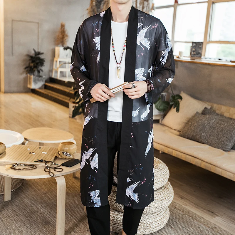  Black Mens Long Jackets 2019 Summer China Retro Style Men Chiffon Gown Loose and Comfortable Sun Co