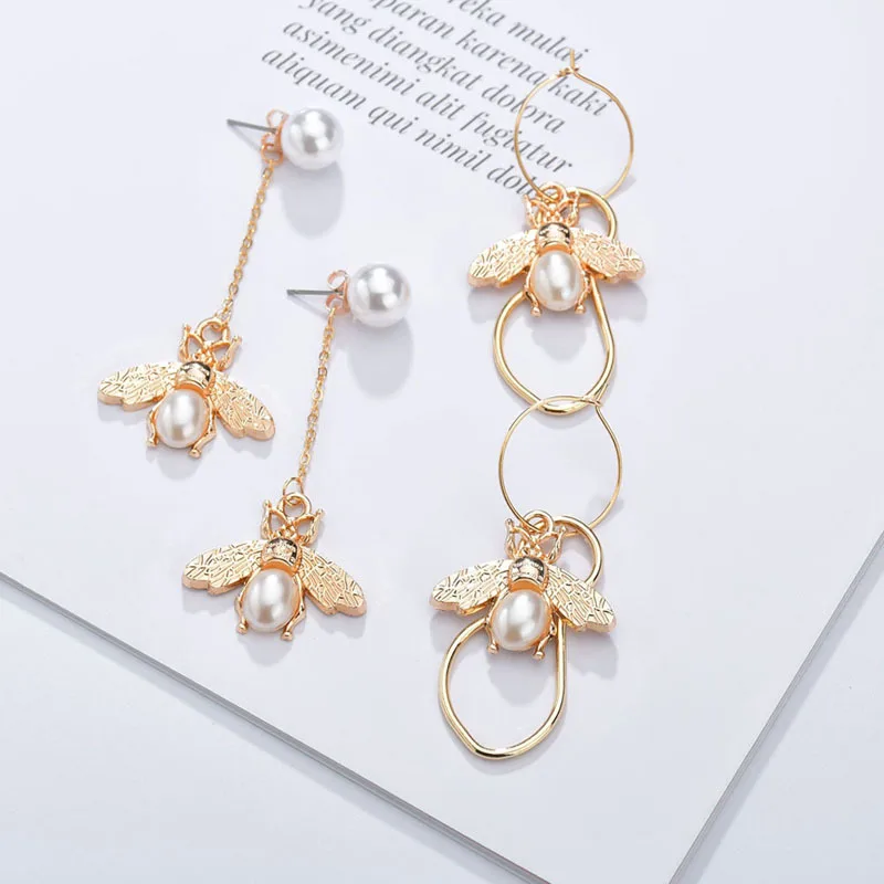 

Cute Sweet Gold Color Bee Piercing Drop Earrings for Women Trendy Bohemia Crystal Simuleted Pearl Pendant Earring Party Ear Cuff