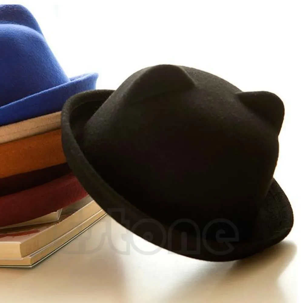 Мода Мужская шерстяная шапочка с кошачьими ушками наряд для родителей и ребенка Для женщин фетровая шляпа-котелок Шапки уха Кепки Дерби Cat 4 цвета Лидер продаж
