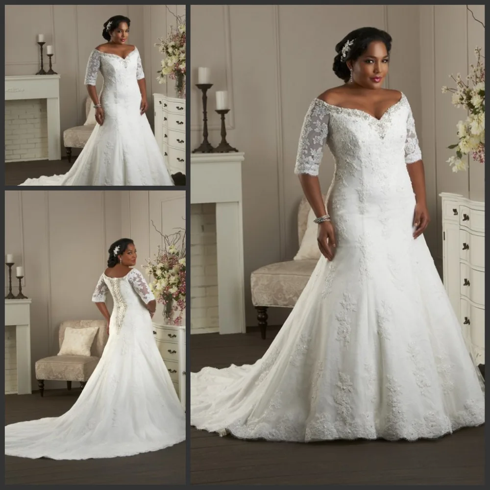 Plus Size Wedding Dresses 2015 New Arrival V Neck Half Sleeves A Line Lace Court Train Lace Up